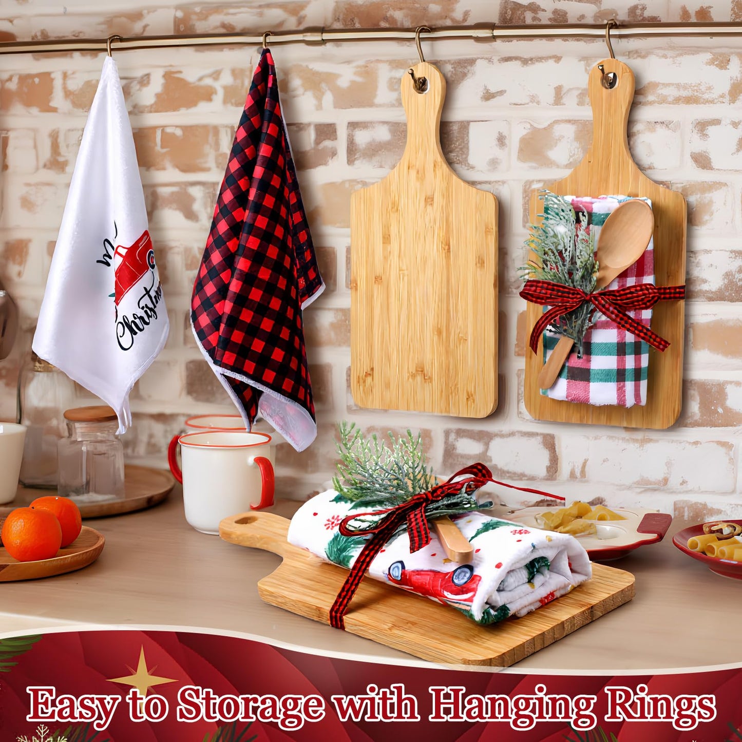 Leinuosen 6 Sets Christmas Cutting Board Set Christmas Kitchen Gifts Bulk Charcuterie Boards with Cooking Spoons Red Buffalo Check Towels Ribbon and Pine Gift for Holiday Housewarming(Classic)