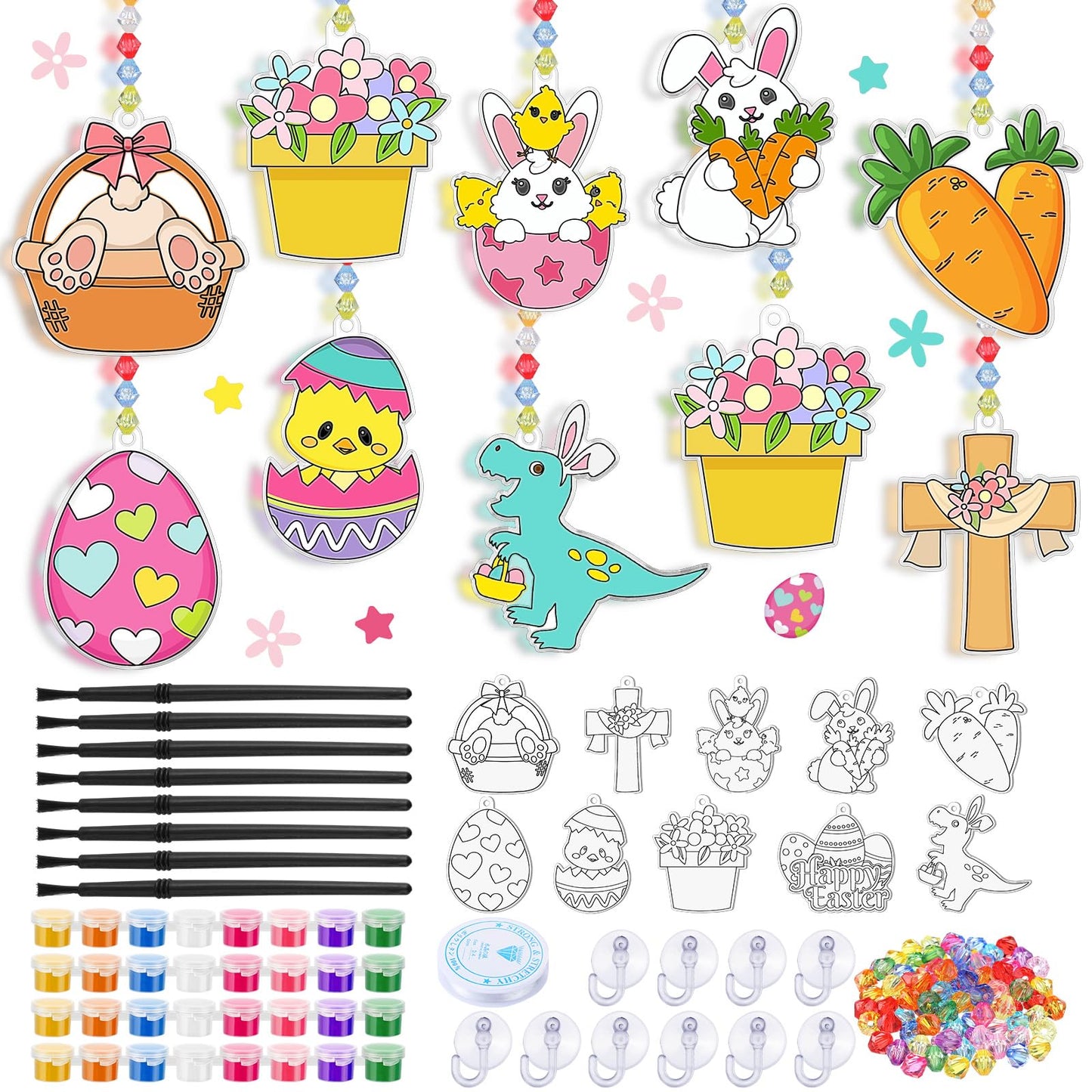 Beeveer 30 Pcs Religious Suncatcher Craft Kit to Paint, DIY Stained Glass Window Ornaments with Cross Bunny Egg Designs, Hanging Faith Decorations for VBS Church Group Activity Home Decor