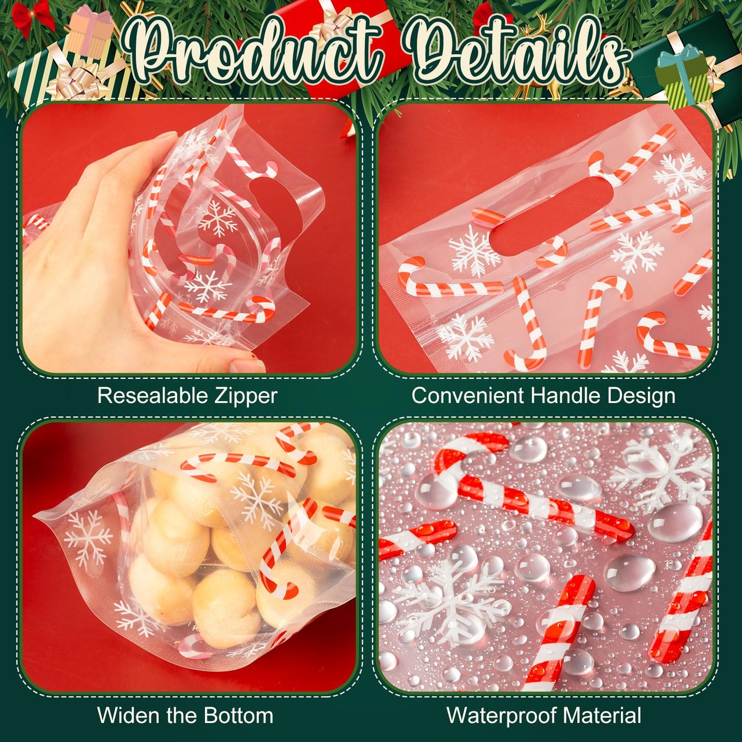 Engrowtic 50 Pcs Christmas Treat Bags Resealable Christmas Zipper Bags Candy Cane Plastic Gift Bag Holiday Bag with Handles for Xmas Party Favor Wrapping Supplies