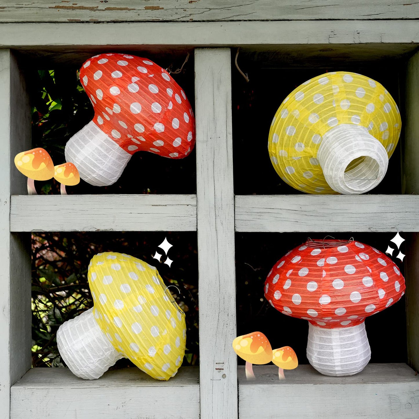 6Pack Mushroom Paper Lanterns, Cynzia Large Paper Lanterns Wonderland Forest Jungle Theme Hanging Ornament, 3D Mushroom Decor Foldable Paper Lantern for Garden, Christmas, Party, Nursery