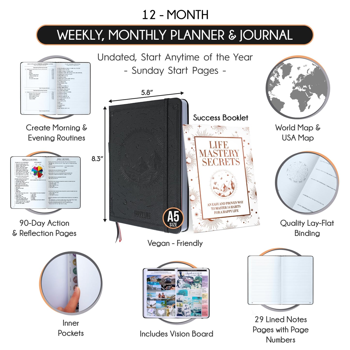 Life Mastery Planner - A 12 Month Journey to Crush Your Goals, Increase Productivity, Passion, Success & Happiness - Weekly & Monthly Life Planner, Habit-Tracker, Gratitude Journal & Organizer, A5