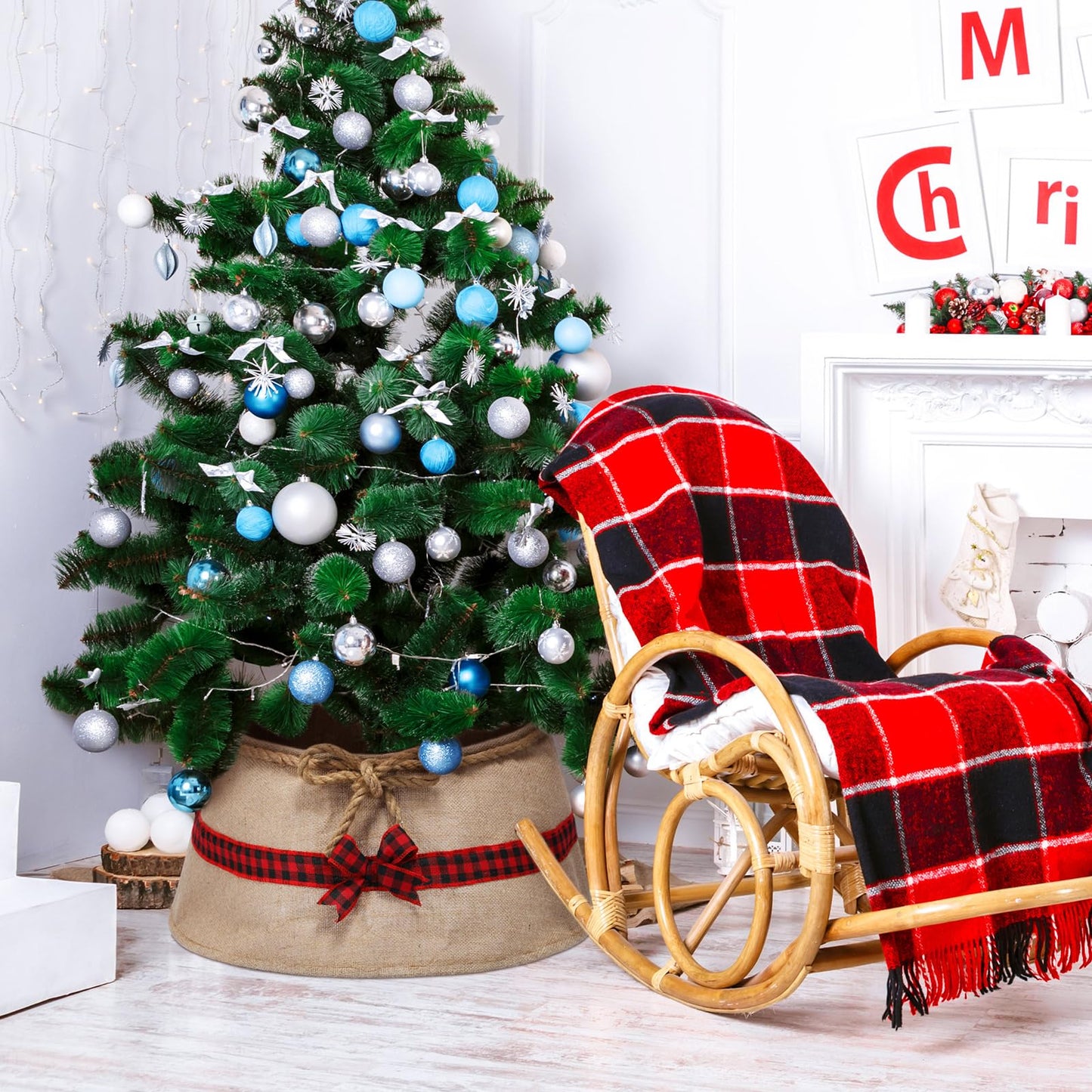 Outus Farmhouse Burlap Christmas Tree Collar Rustic Christmas Tree Ring Easy Set Up for Holiday Xmas Decor(Ribbons)
