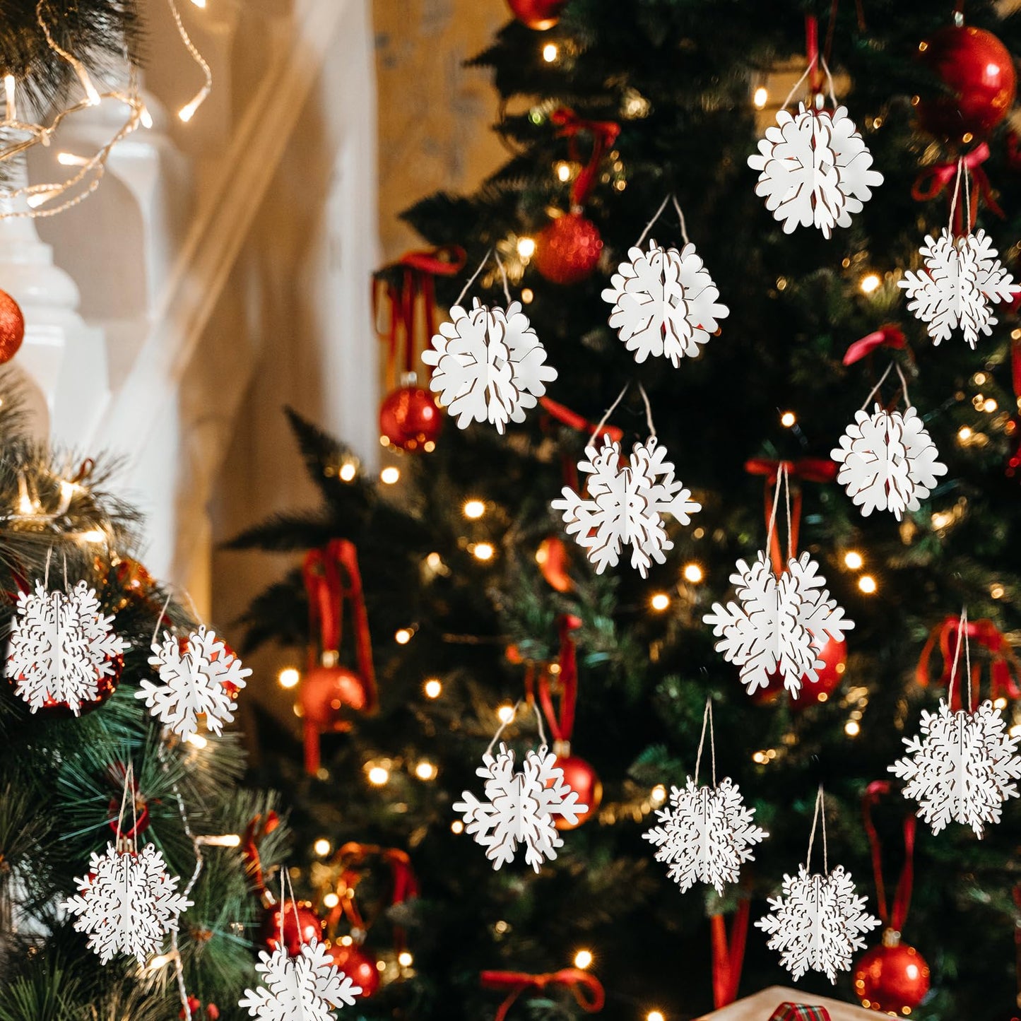 Chunful 36 Pcs Winter Wooden Snowflake Table Decorations 3D Hanging Snowflake Tabletop and Centerpiece with 12 Pcs Ropes for Christmas Home Wonderland Decoration Holiday Party Supplies