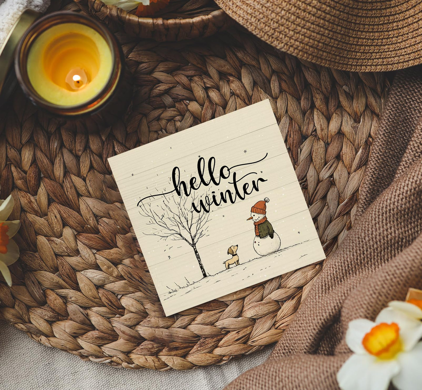 Nitelat Hello Winter Sign, Winter Decorations for Home, Christmas Snowman Snowflake Wooden Box Sign, Snowman Christmas Wood Signs for Home Office Desk Table Shelf Decor, 5x5 Inch