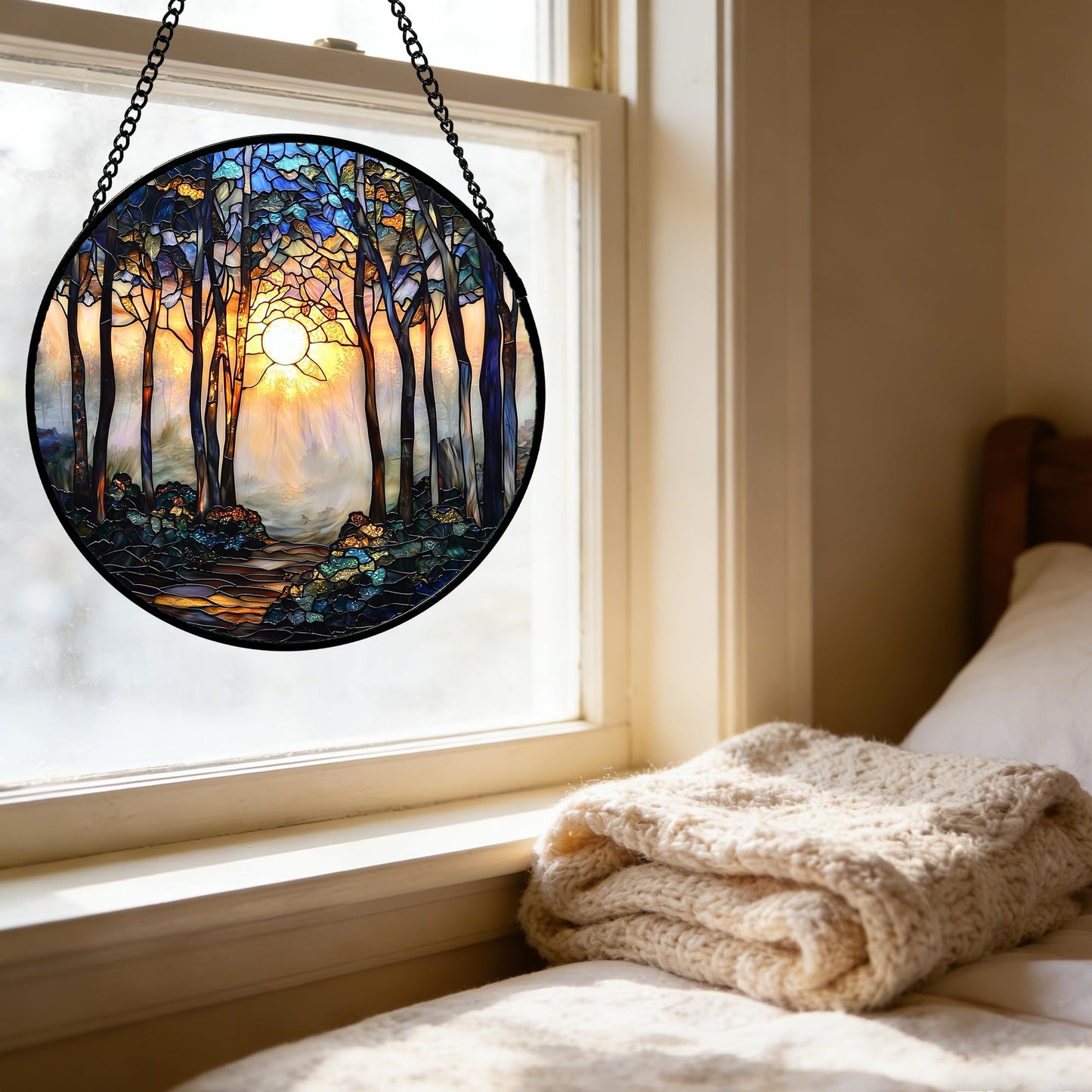 DASTOLL Stained Glass Window Hanging, Forest Sunrise Smoke Blue Brown Tree Suncatcher for Doors Window Home Landscape Sun Catchers Decor Mother's Day Birthday Gifts for Women, Men Mom 7.8 in