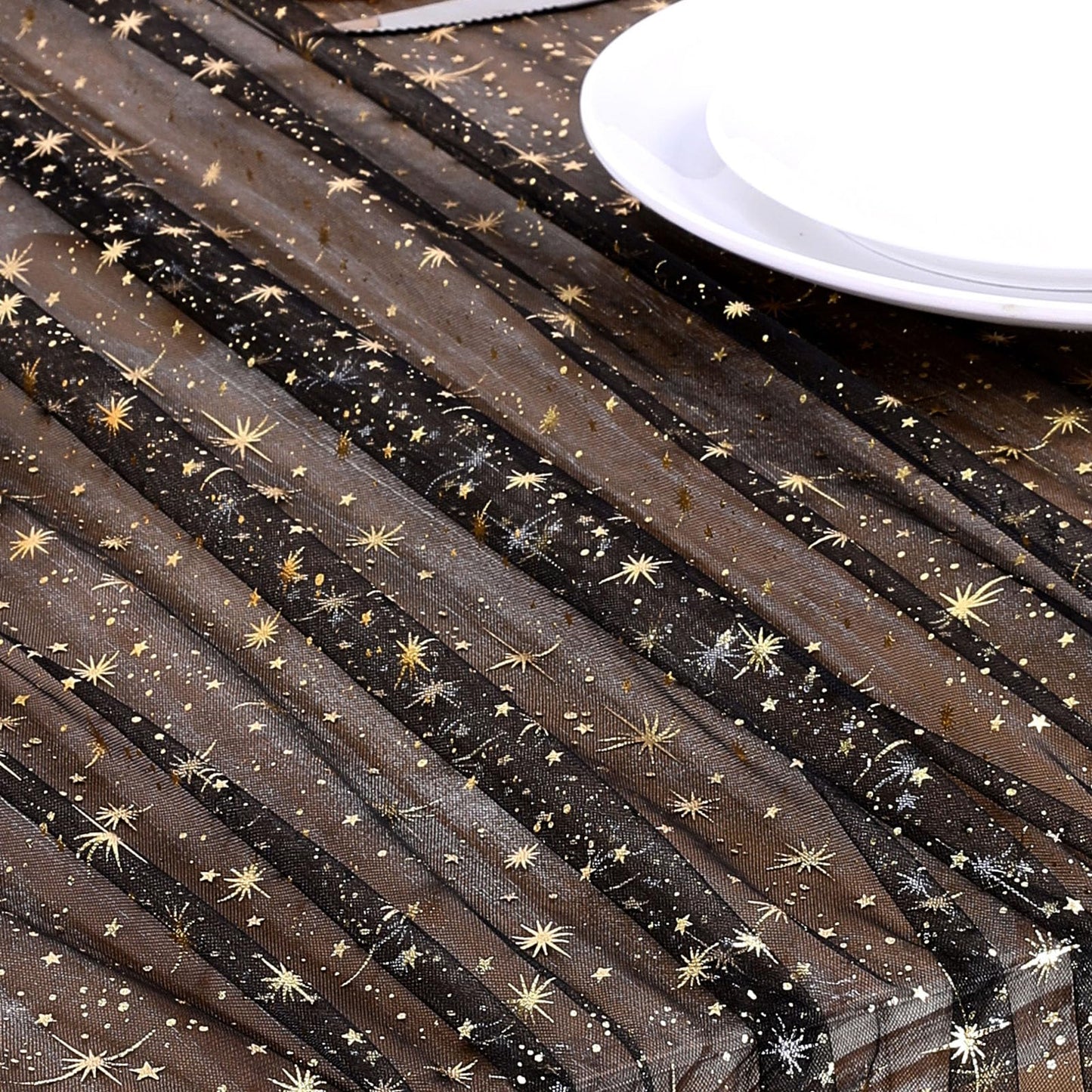Black Gold Gauze Table Runner Centerpieces: Sparkling Gold Star 10ft Rectangular 3pcs Sequin Metallic Foil Sheer Tulle Cheesecloth for Seasonal Wedding Baby Shower Party
