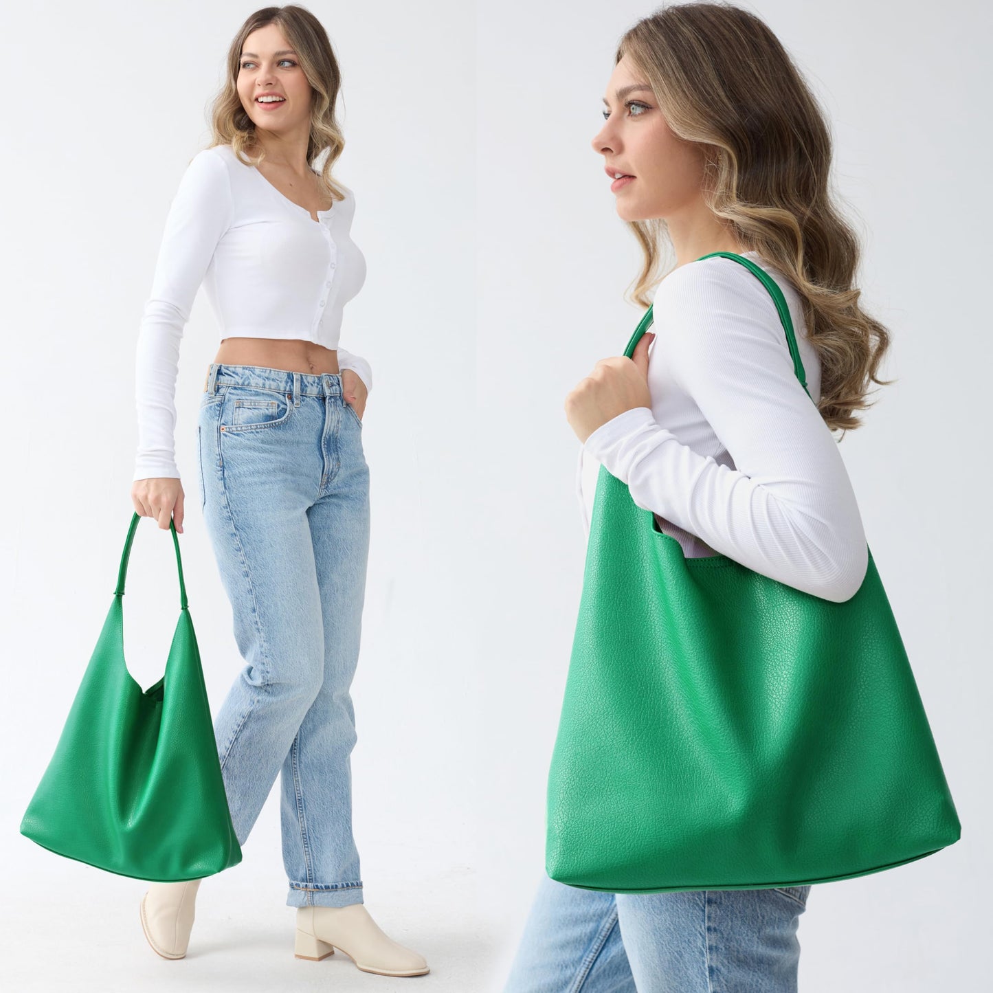 Hobo Bags for Women Soft Vegan Leather Shoulder Handbag Slouchy Tote Purses (Green)