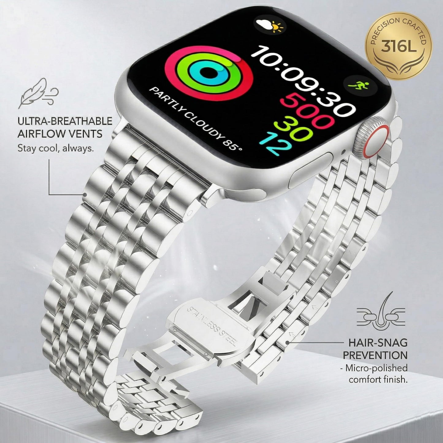PUGO TOP Luxury Stainless Steel Band Compatible with Apple Watch Ultra 3/2/1 (49mm) & Series 11 10 9 8-1 SE 3/2/1 (46/45/44/42/41/40/38mm), Professional Business Dressy Metal Strap with Butterfly Clasp for Men Women, Adjustable Link Two-Tone Bracelet with