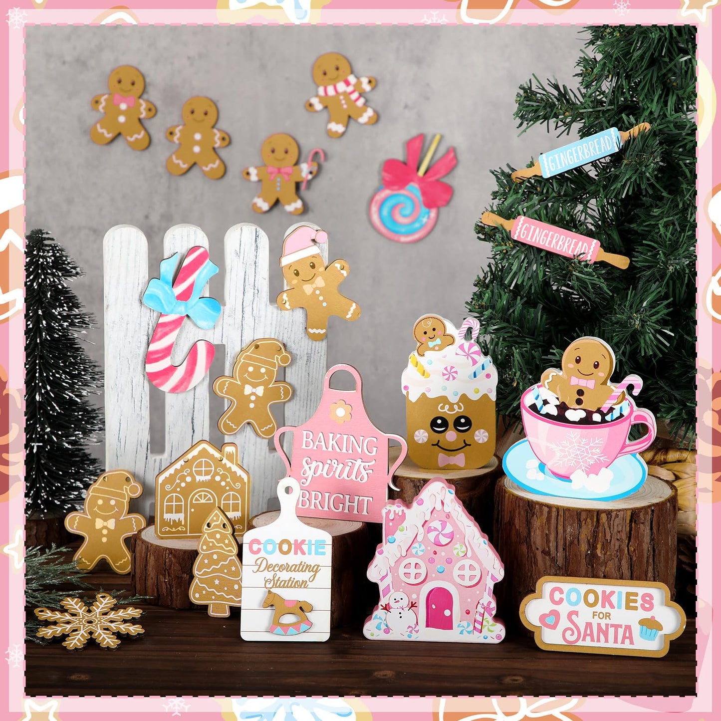Chunful 20 Pcs Christmas Gingerbread Tiered Tray Decor Pink Pastel Wooden Tiered Tray Decoration Set Winter Table Signs Xmas Tree Snowflake Tabletop Centerpieces for Farmhouse Shelf Office Home