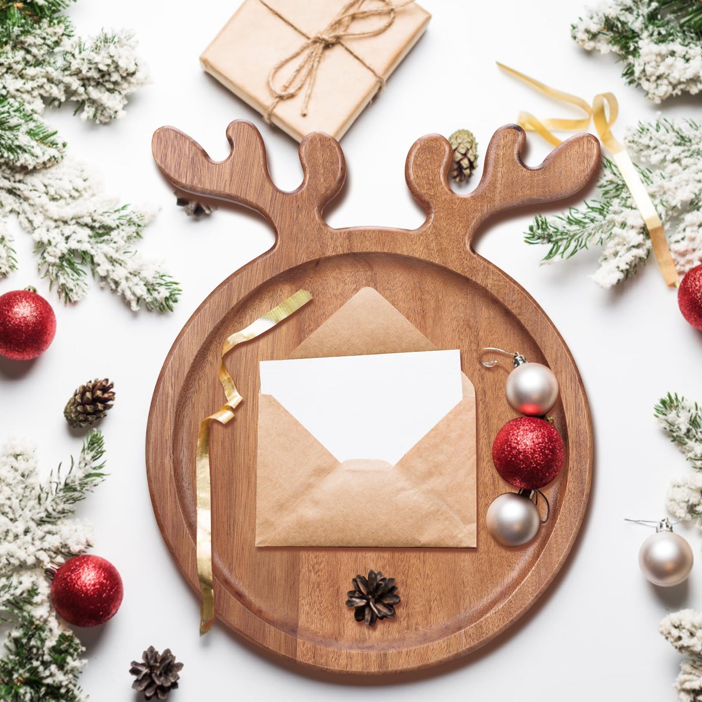Acacia Wood Christmas Kitchen Decor Platters Dinner Plate Wooden Cheese Charcuterie Board Xmas Snack Cookies Trays Salad Charger Plates for Christmas Holiday Serving Dish Round Festive Dessert Platter
