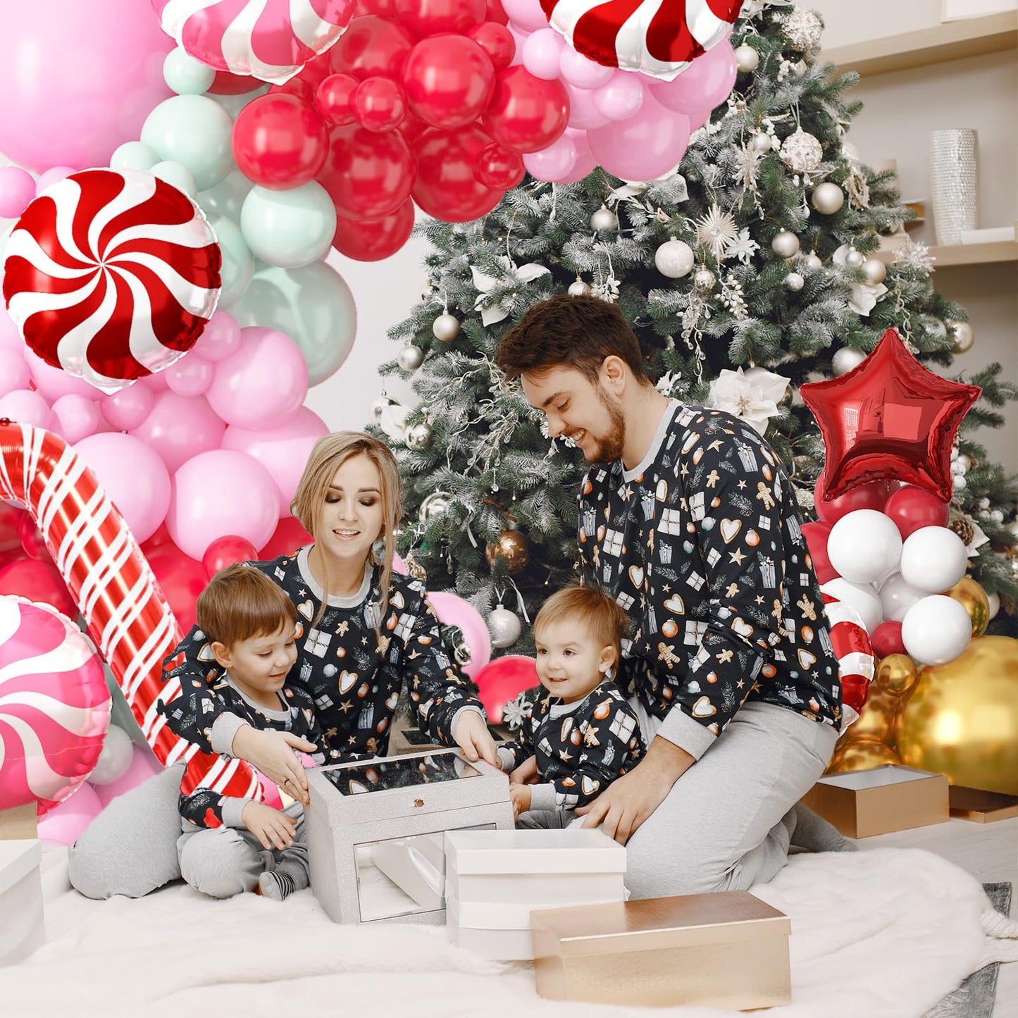 Merry Christmas Balloon Arch Kit Pink Balloon Garland, 112pcs Christmas Decorations Pink Red Green Balloons with Windmill Cane Foil Balloon, Baby Shower Xmas Party Supplies Decor