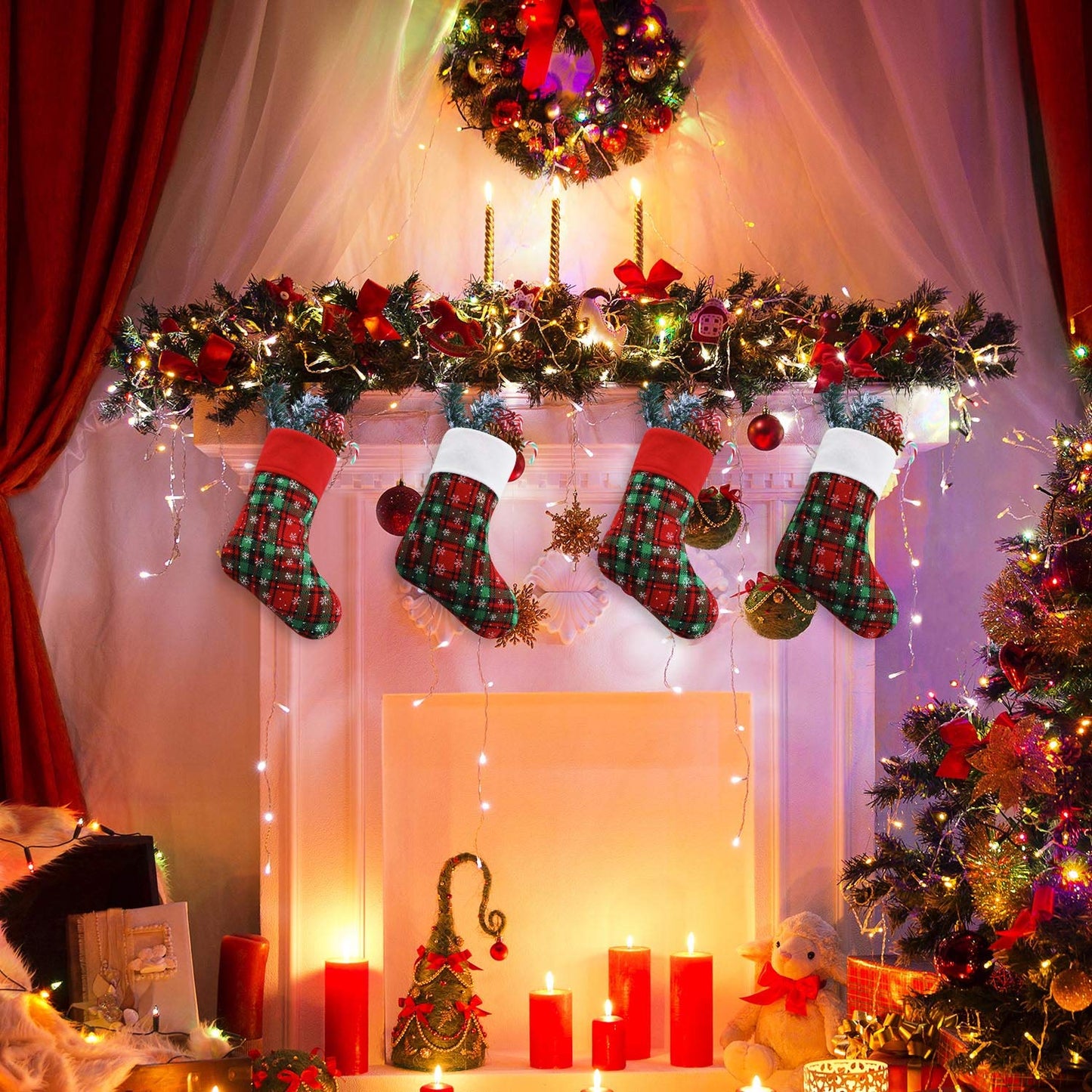 Syhood 24 Pcs 9 Inch Christmas Mini Stockings Plaid Snowflake Christmas Hanging Stocking for Xmas Party Decorations