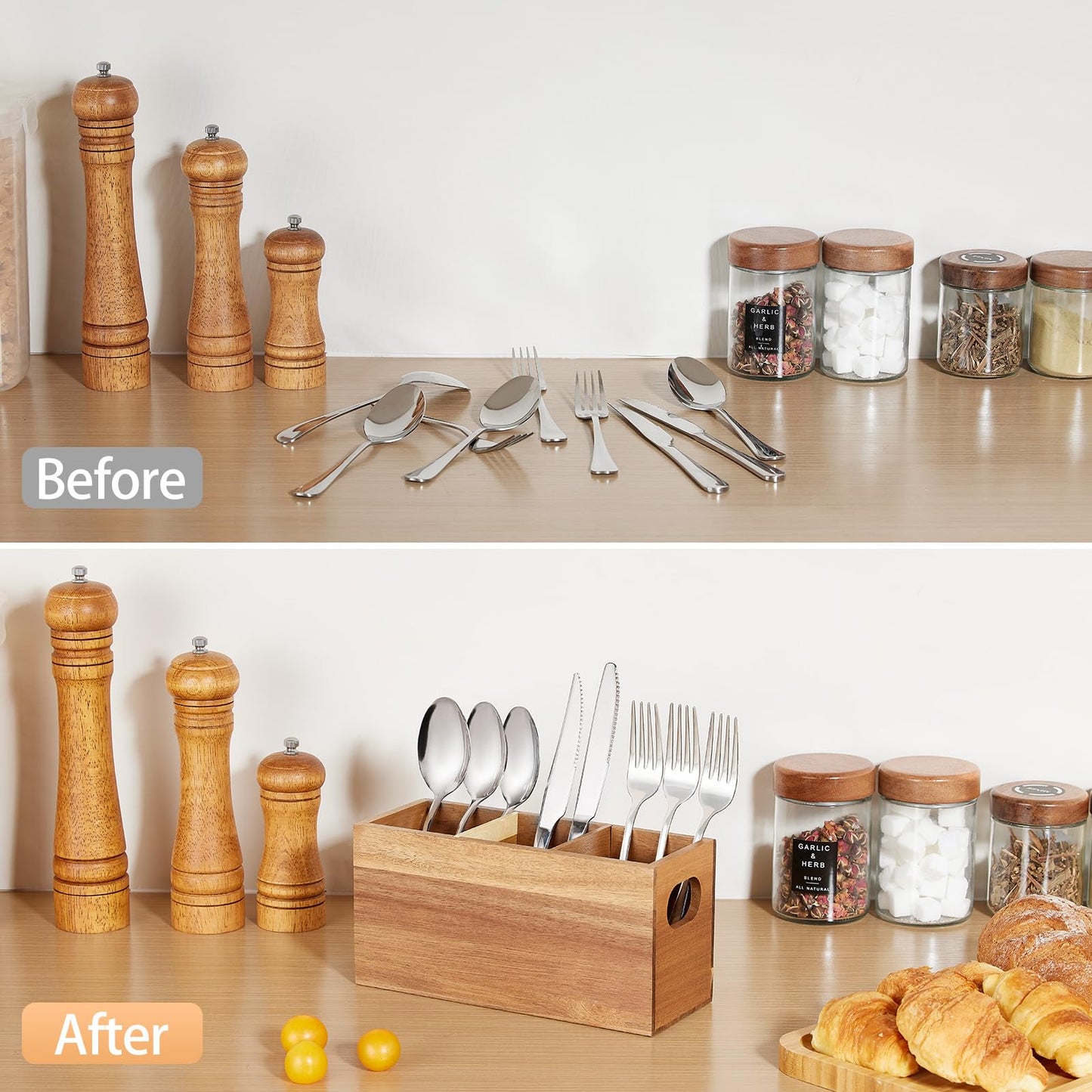 VIVIRBIEN Acacia Wooden Silverware Holder, Kitchen Utensil Caddy with 3 Compartments, Cutlery Storage Organizer Countertop, Flatware Organizer for Party, Spoon, Fork Holder