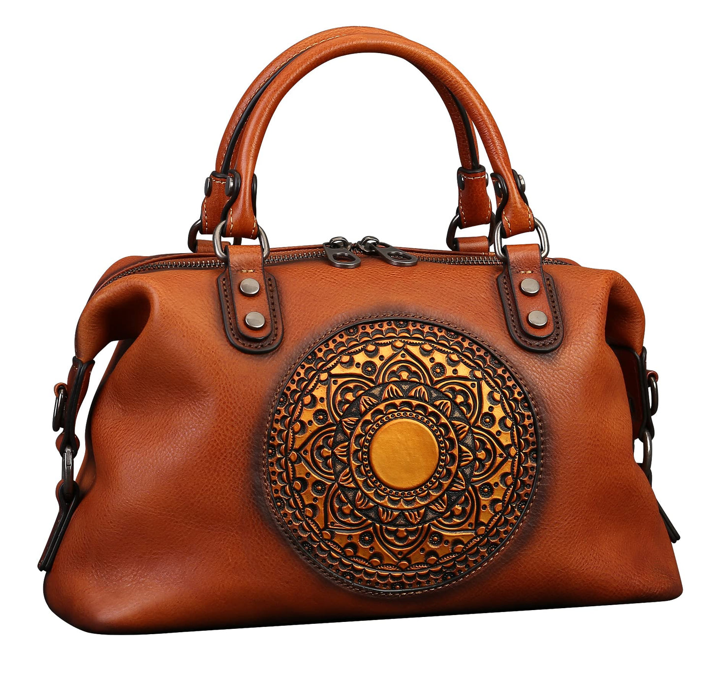 Genuine Leather Women's Handbags Travel Small Purses Top Handle Barrel Satchel Shoulder Hand Bags leather crossbody bags for Women Retro Totem Tote Bag Brown