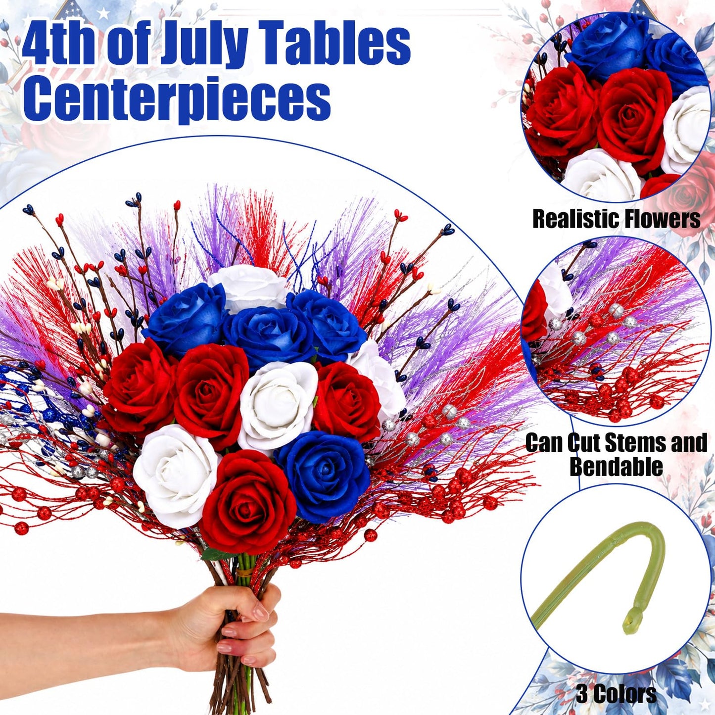 Juinte 30pcs Patriotic Artificial Flower, Red White Blue Faux Roses with Star Berry Picks and Pampas Grass for 4th of July Centerpieces and Independence Day Decor