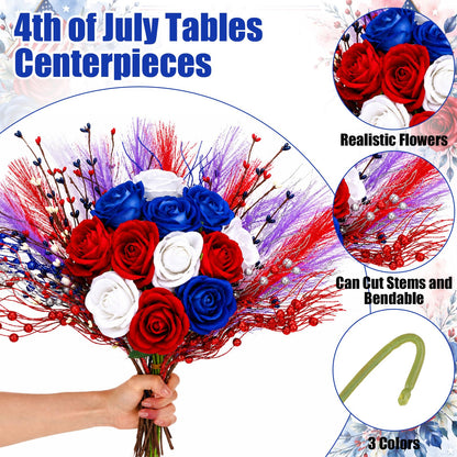 Juinte 30pcs Patriotic Artificial Flower, Red White Blue Faux Roses with Star Berry Picks and Pampas Grass for 4th of July Centerpieces and Independence Day Decor