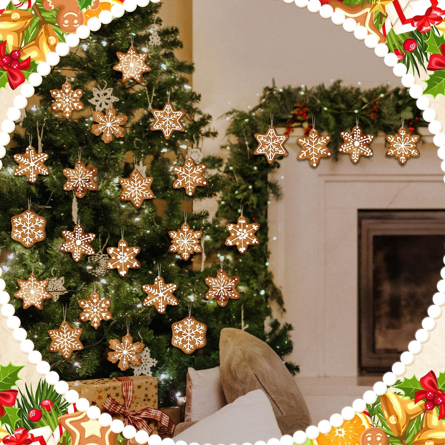Quzzil 36 Pcs Christmas Gingerbread Ornaments for Tree Mini Snowflake Wooden Hanging Winter Xmas Ornaments with Ropes for Christmas Party Holiday Winter Crafts