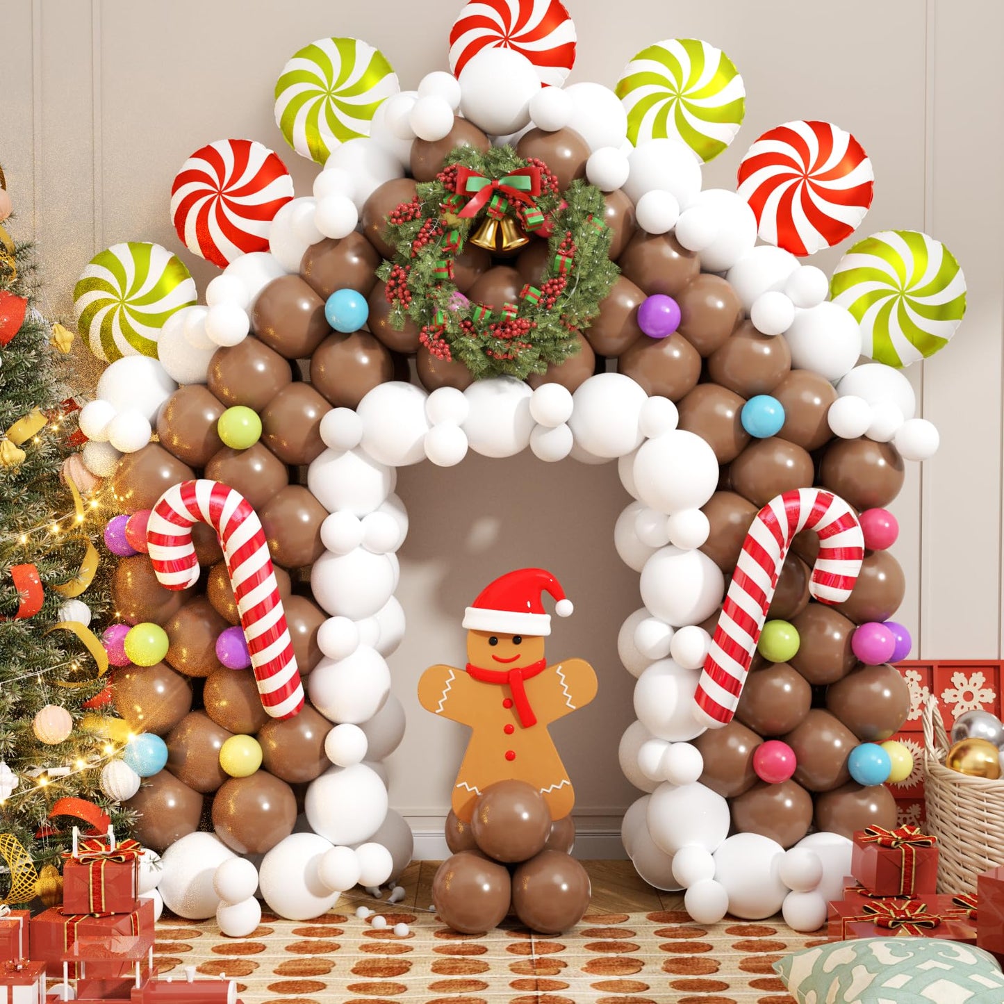 420Pcs Christmas Gingerbread House Balloon Arch Garland Kit, Brown White Balloon with Candy Canes Lollipops for Merry XMAS New Year Winter Party Decorations