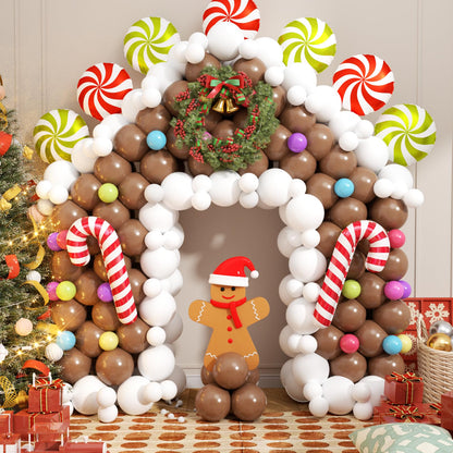 420Pcs Christmas Gingerbread House Balloon Arch Garland Kit, Brown White Balloon with Candy Canes Lollipops for Merry XMAS New Year Winter Party Decorations