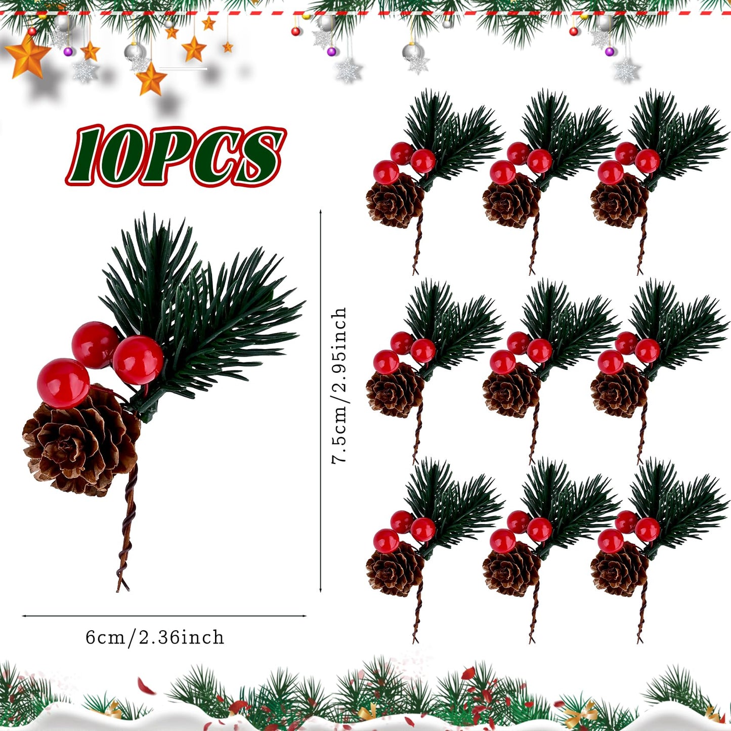 Prdingfy 10 PCS Christmas Snow Covered Pine Needles Branches with Red Berries, Christmas Floral Pick Mini Pinecone Picks for Holiday Wreath,Tree Ornaments