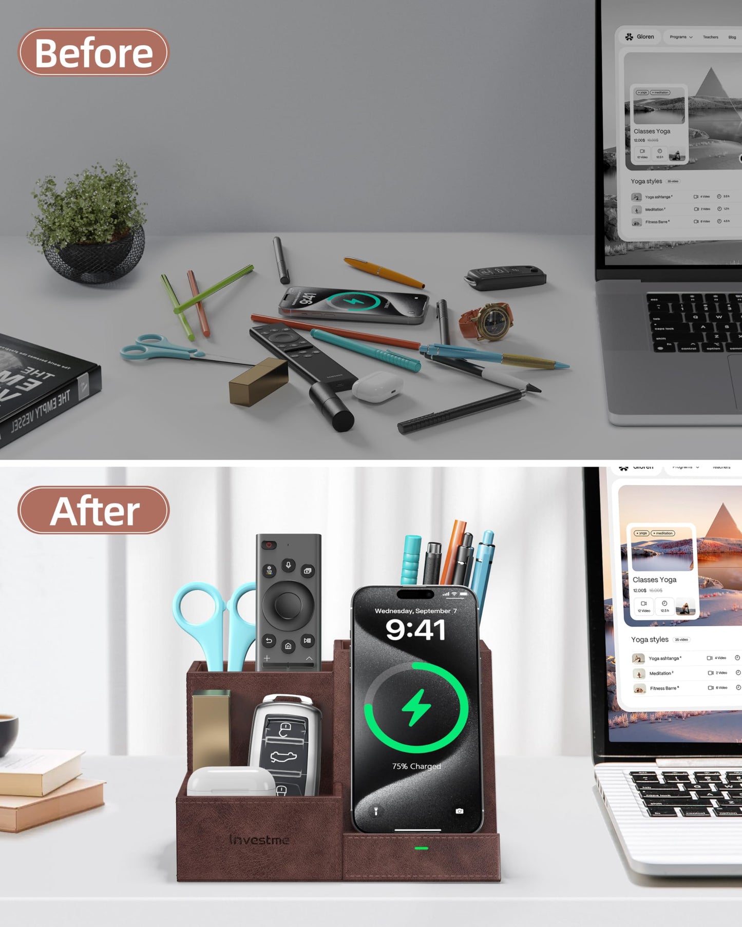 Investme Wireless Charger with Desk Organizer, Pen Pencil Holder, Multifunctional Desktop Organizer, Office Supplies and Desk Accessories Organizer with 3 Compartments and 1 Phone Stand, Dark Brown