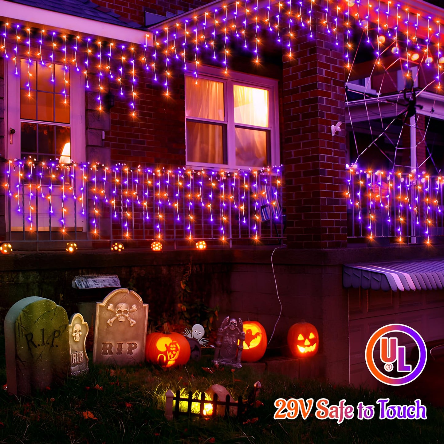 KNONEW 99FT 1216 LED Halloween Lights Decortation Orange Purple String Lights Outdoor with 228 Drops, 8 Lighting Modes, Timer Memory Function Hanging Curtain Lights for Halloween Party Decor
