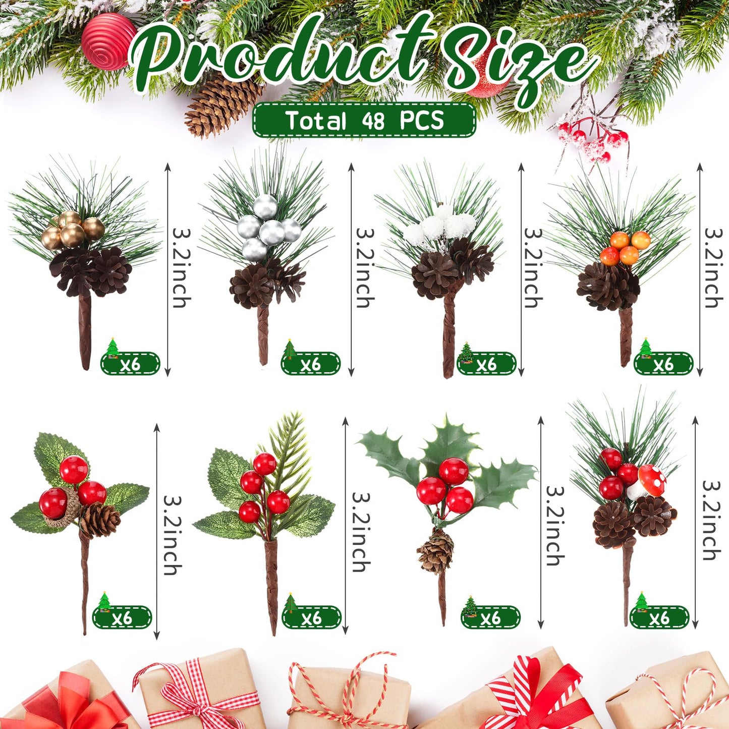 Panelee 48 Pcs Artificial Pine Picks - Christmas Picks for Crafts, Floral, Pine Cones, Sprays, Wreath & Berry Stem Bulk for Xmas Tree & Winter Holiday
