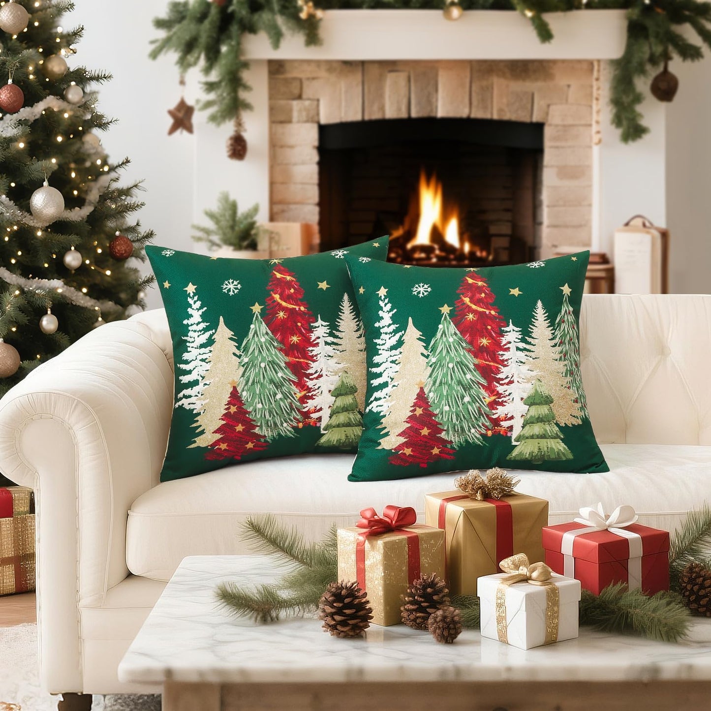 Artscope Christmas Tree Throw Pillow Covers 18x18 Inch Set of 2, Winter Hoilday Christmas Decoration Pillow Cases for Home Decor-Green