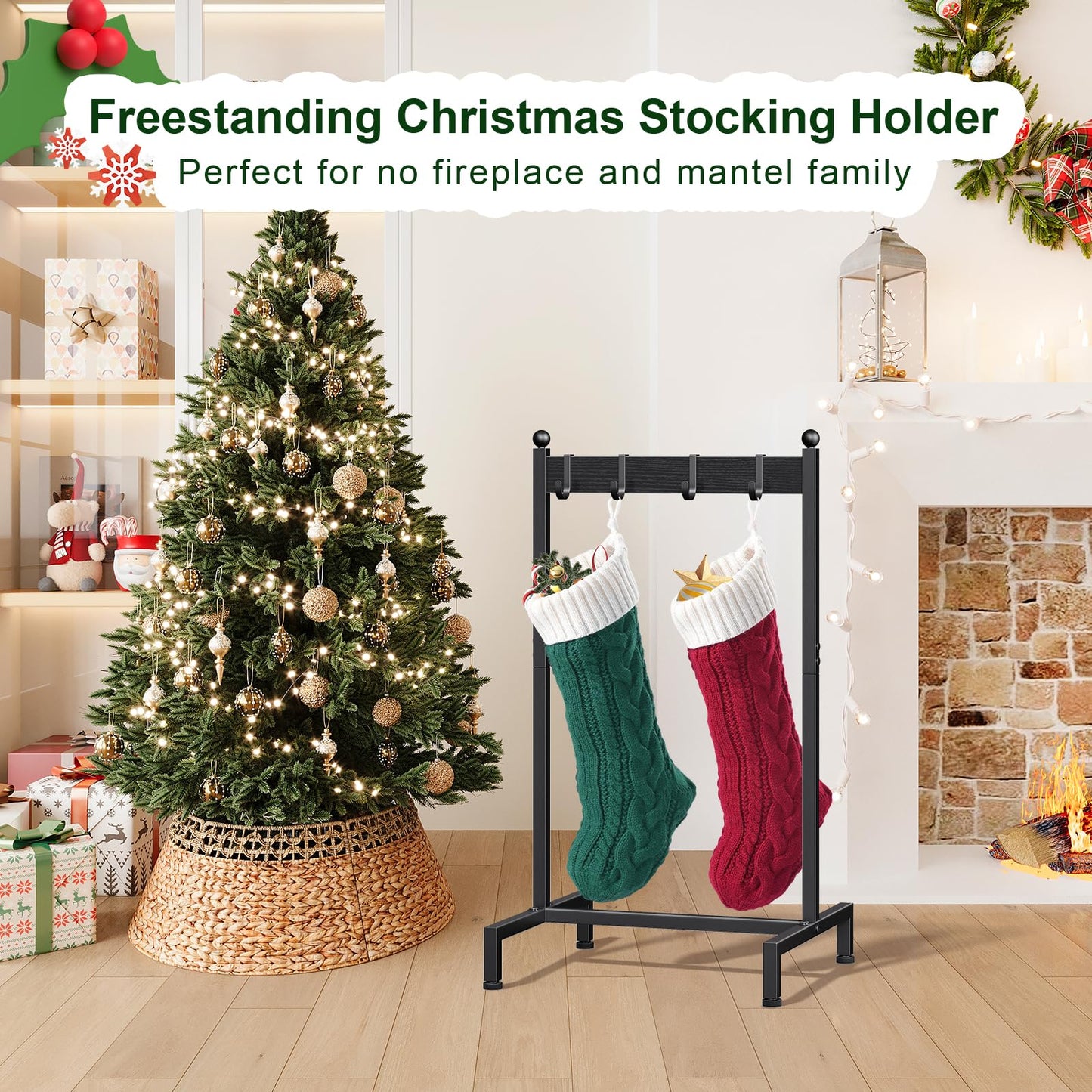 ELYKEN Christmas Stocking Holder Stand for Floor, Free Standing Stocking Rack with 4 Removable Hooks, Wood Stocking Hanger Stand, Heavy Duty Xmas Stocking Stand with Adjustable Feet, Black