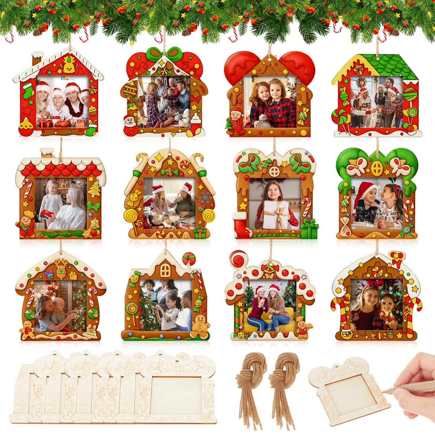 Thyle 12 Pcs Christmas Gingerbread House Picture Frame Ornaments Wooden DIY Craft Kits Xmas Tree Hanging Photo Frames Bulk for Christmas Party Winter Activities Home Decorations Gift