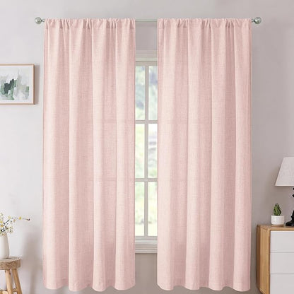 Tollpiz Short Linen Curtains Living Room Rod Pocket Semi Sheer Curtain Burlap Light Filtering Thick Linen Drapes for Bedroom, 54 x 54 inches Long, Pink, Set of 2 Panels