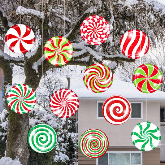12 Pieces Christmas Large Round Yard Decorations 8 x 8Inch Outdoor Single Sided Lawn Decorations Hanging Ornaments (not Ball) with 328 Feet Silver Cord for Christmas Tree Decor (Cute Style)