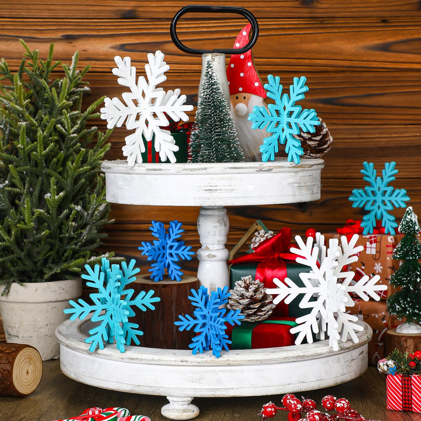 Qunclay 20 Pcs Wooden Snowflake Decorations 3D Snowflake Tabletop Decor Winter Signs and Centerpiece for Winter Wonderland Decorations Xmas Tiered Tray Decor(Dark Blue, Light Blue, White)