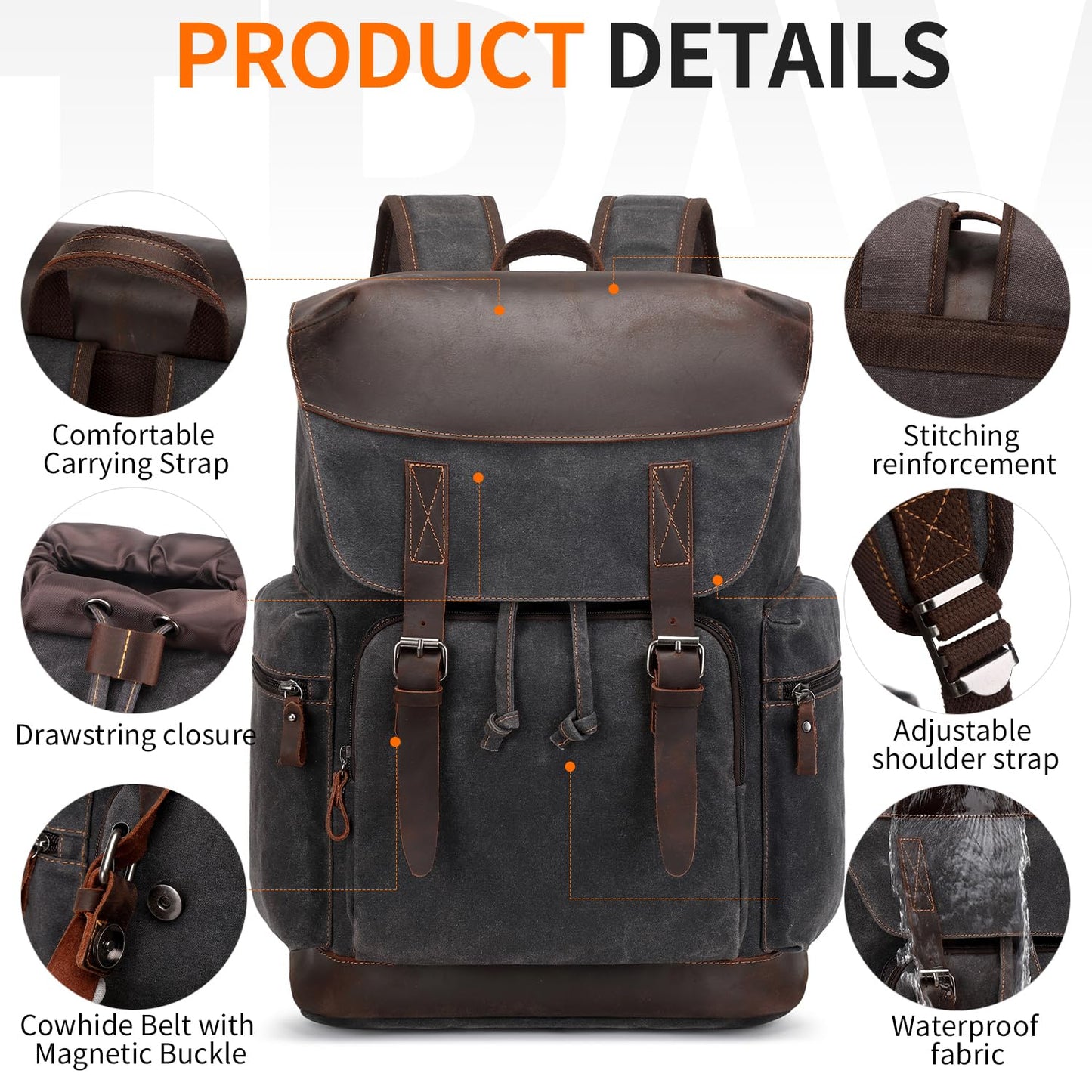 Nerlion Leather Backpack for Men Waxed Canvas Laptop Backpack 17.3 Inch Rucksack Vintage Travel Backpack (Black)