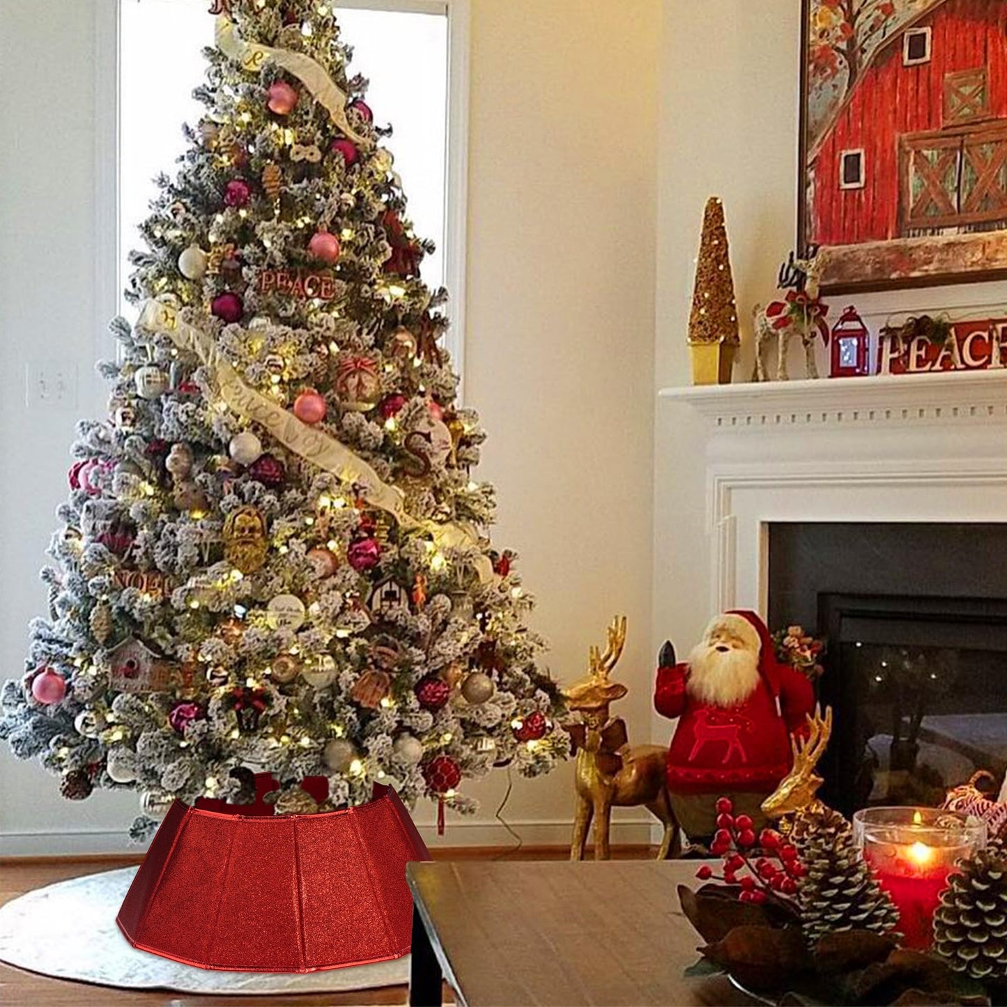 Blissun Fabric Christmas Tree Collar, Glittering Tree Ring, Willow Tree Skirt for Christmas Decorations (Glitter Red)