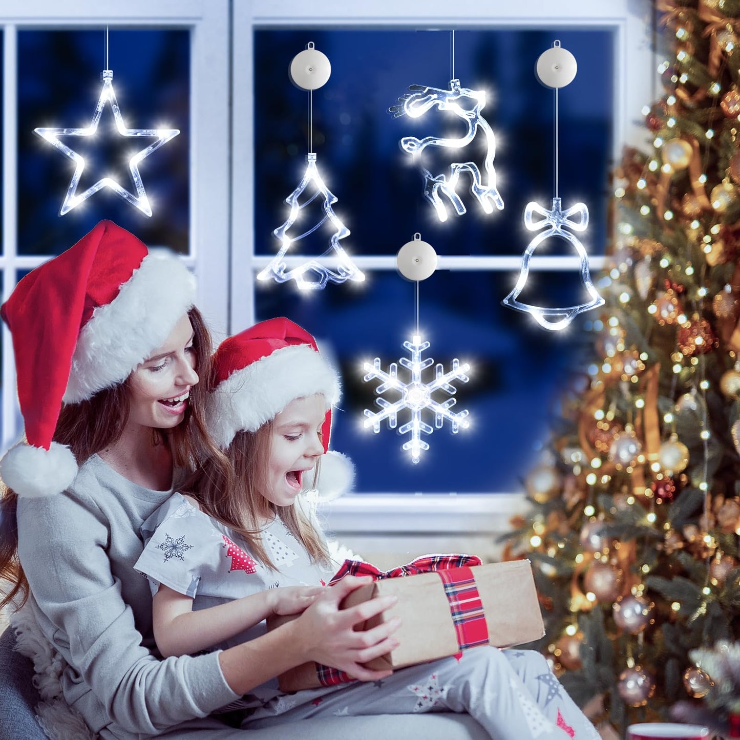LYUBASA 5Pack Christmas Window Lights Decorations with Timer,Battery Powered Christmas Hanging White Lighted Snowflake Tree Star Deer Bells Shaped LED Sucker for Xmas Fireplace Window Indoor Decor