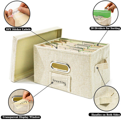 Vienrose Greeting Card Organizer 1 Pack, Storage Box with 20 Adjustable Dividers, Foldable Organizer Box Holds over 150 Cards, Storage Stickers Recipes Photos Envelopes Bills Vinyl Records, Beige