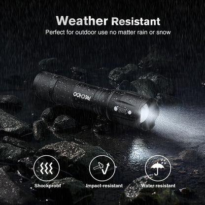 RECHOO LED Flashlight 2 Pack, Tactical Flashlights High Lumens with 3 Modes, Pocket Small Flash Light, Waterproof Zoomable Flashlights for Home Emergency, Camping Essentials (Battery Included)
