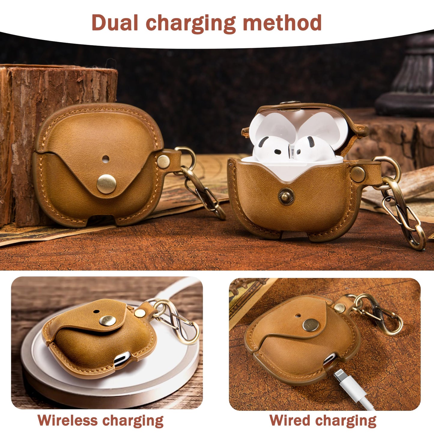 for Apple Airpods 4 (2024 Release), Elegant Retro-Style Crazy Horse Leather Case Cover with Keychain, Supports Wireless Charging, Features Front LED Visibility for Easy Status Check (Brown)