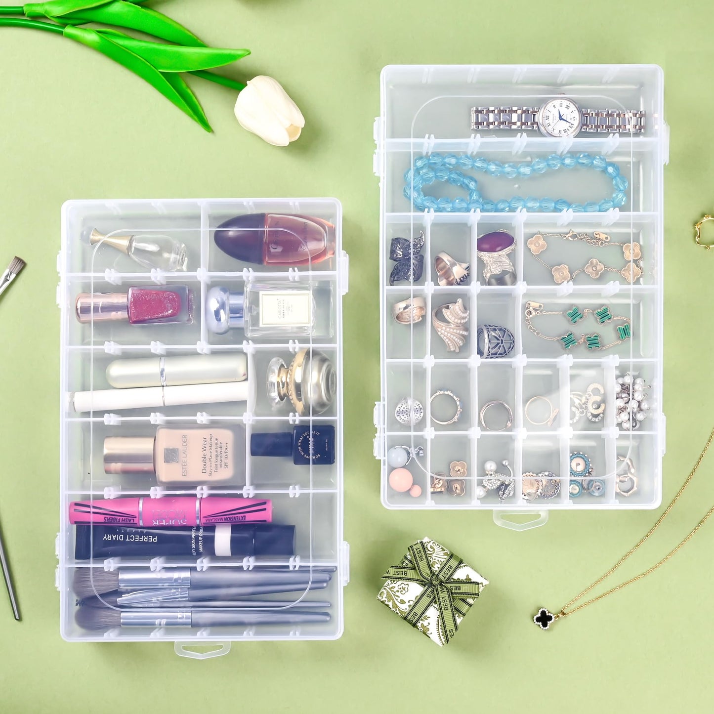 MERATIA 3 Pcs 36 Large Grids Clear Plastic Organizer Box with Adjustable Dividers Craft Organizers Box for Bead,Jewelry,DIY Crafts,Art,Small Items Storage (Clear-3pack-108 Grids)