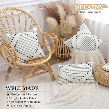 Mecatny Boho Outdoor Throw Pillow Covers 12X20 Set of 2, Farmhouse Lumbar Pillow Covers for Couch Sofa Living Room, Navy & Cream White