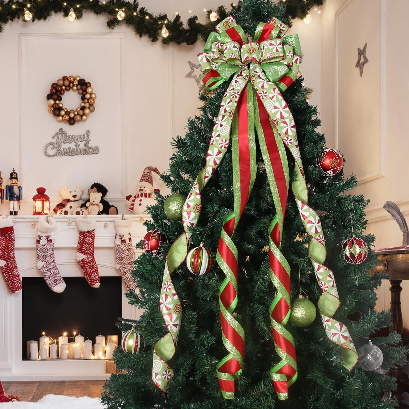 Christmas Tree Topper Wreath Large Green Bow with Red Green Dot Candy Patterned Gift Bow for Xmas Holiday Home Thanksgiving Indoor/Outdoor Decoration 52"x13"