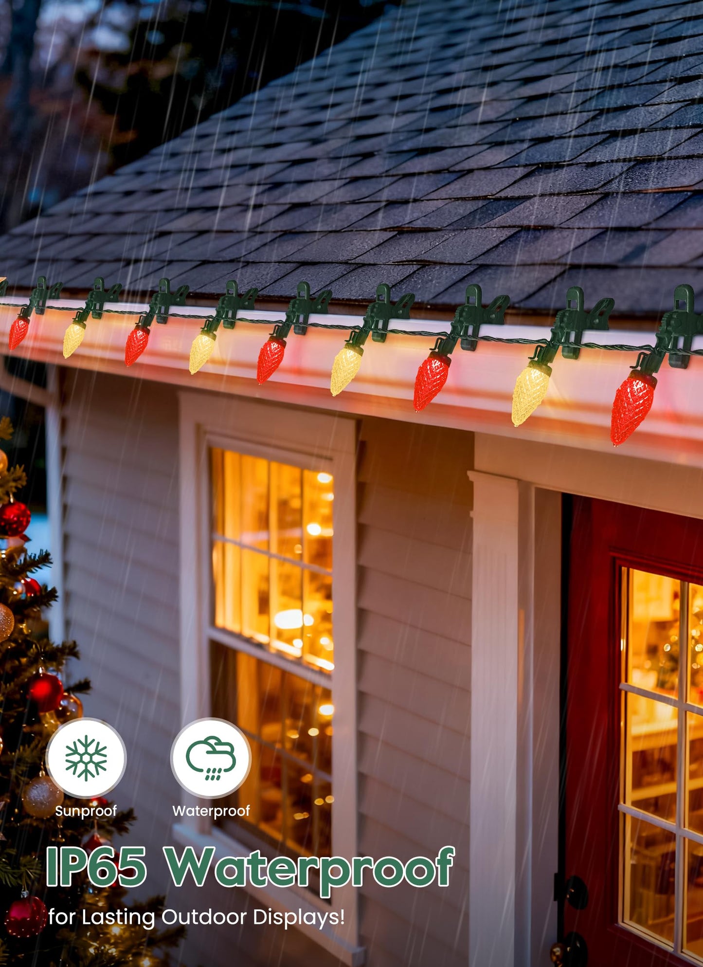 C9 LED Christmas Lights Outdoor, 99 Feet 150 LED String with Spring Clips, Waterproof Connectable Roofline Patio Home Xmas Decor, Red & Warm White