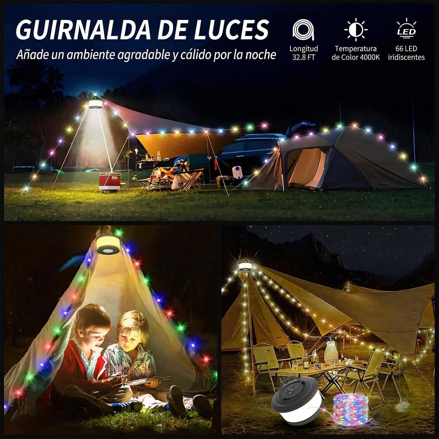 Camping String Lights,2 in 1 Upgraded 32.8FT Rechargeable Tent Lights String with 19 Lighting Modes,Quick Storage camping lights，Portable LED Lamp for Bedroom Yard Decor Christmas Camping(Black)