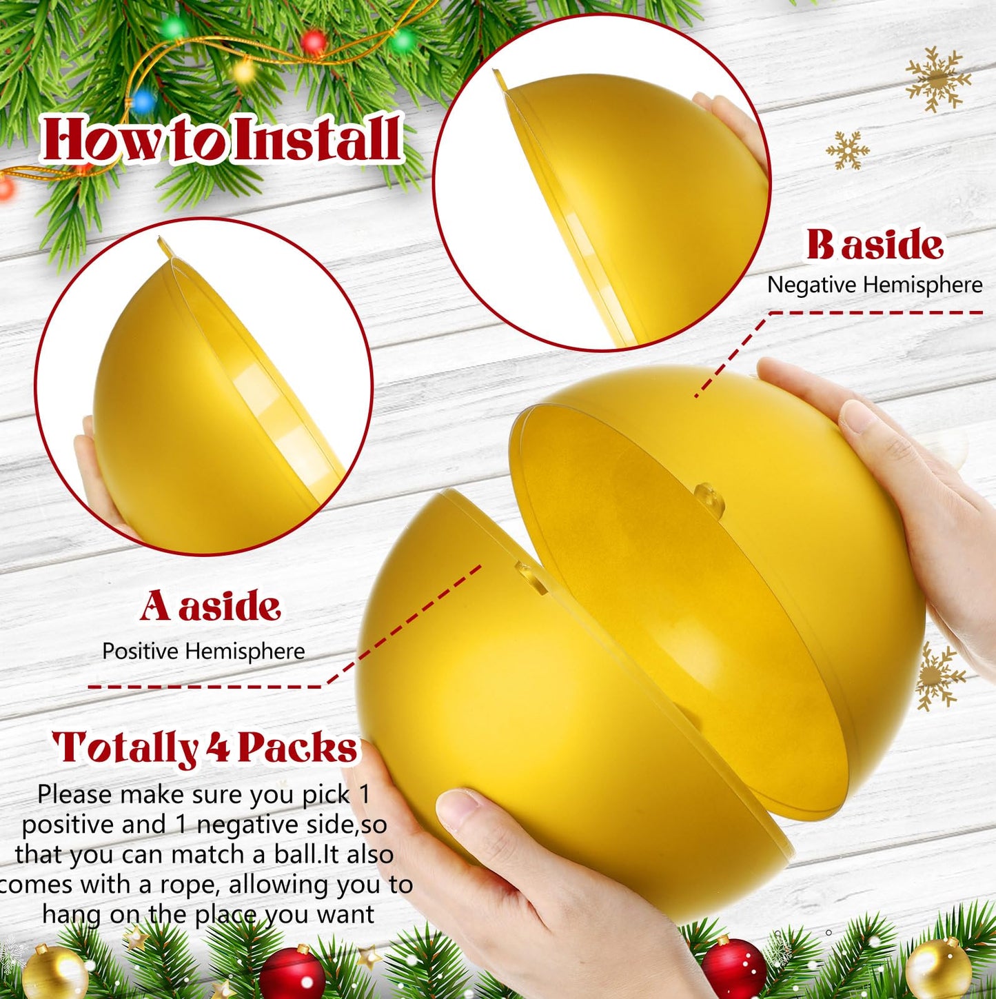 Zubebe 2 Pcs 8" Giant Fillable Christmas Ornaments with Ribbons Oversized Plastic Xmas Balls for Outdoor Lawn Yard Decor, Tree Hanging, Holiday Gifts(Matte Gold)