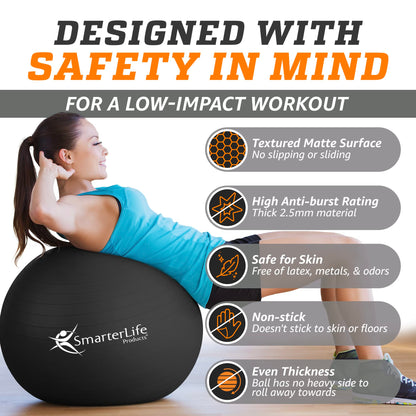 SmarterLife Exercise Ball Yoga Ball for Fitness, Balance, Stability, or Pregnancy, Gym Ball for Core Workout, Physical Therapy, Yoga Ball Chair for Office, Anti-Slip Anti-Burst