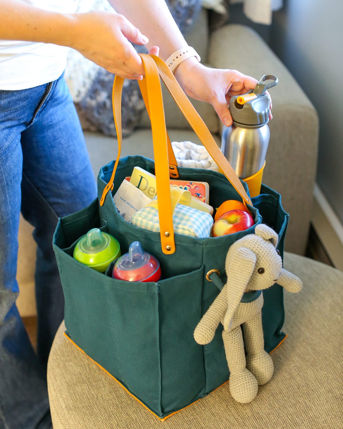 CapaBunga Farmer's Market Tote Shopping Bags with Handles - 7 Pocket Large Utility Tote Bag - Heavy Duty Canvas Utility Bag with Vegan Leather Base - Reusable Tote Bag - Petrol Blue Grocery Bag