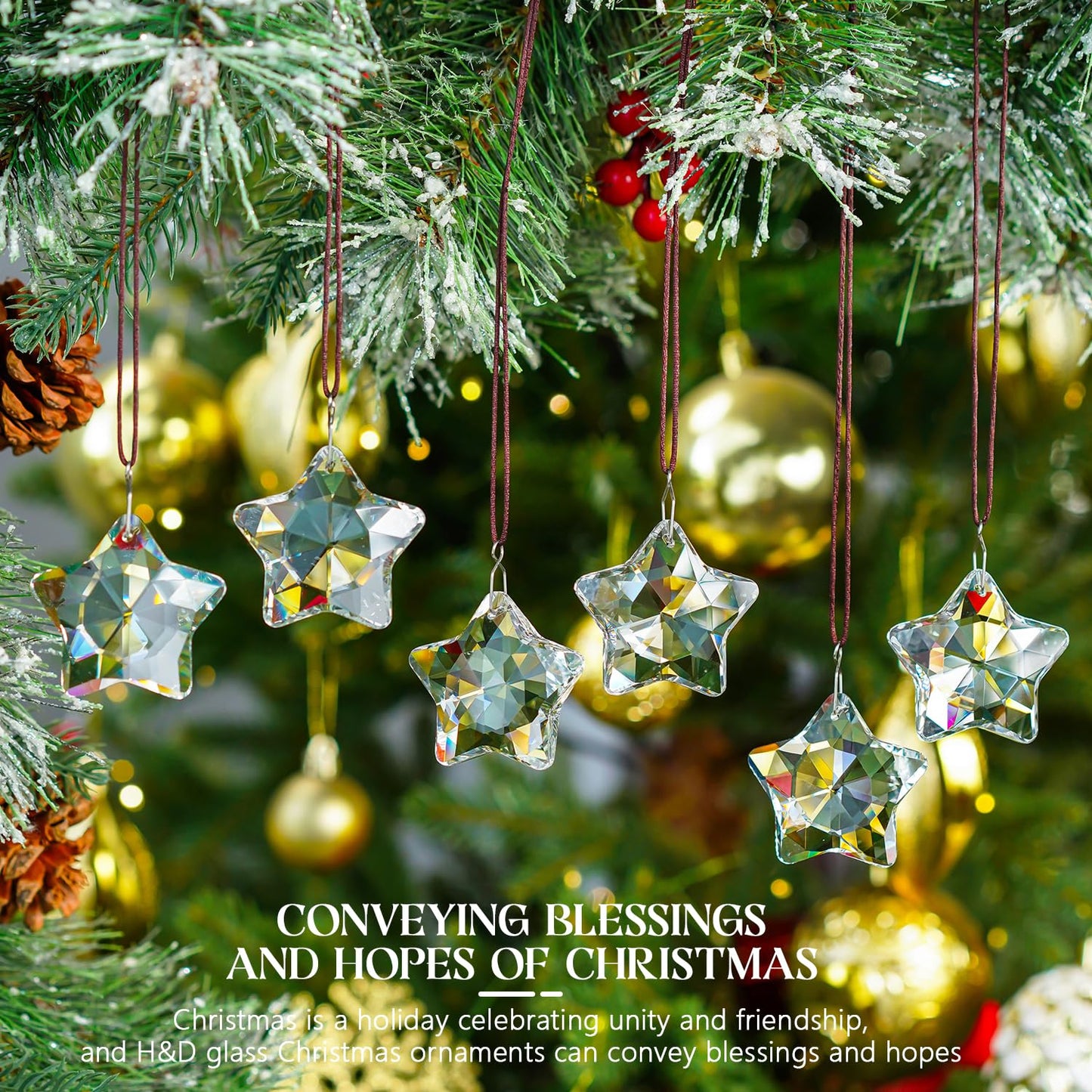 H&D HYALINE & DORA Set of 6 Crystal Glass Christmas Ornaments Clear Faceted Glass Christmas Star Crystal Hanging Ornaments for Xmas Tree Winter New Year Party Supplies