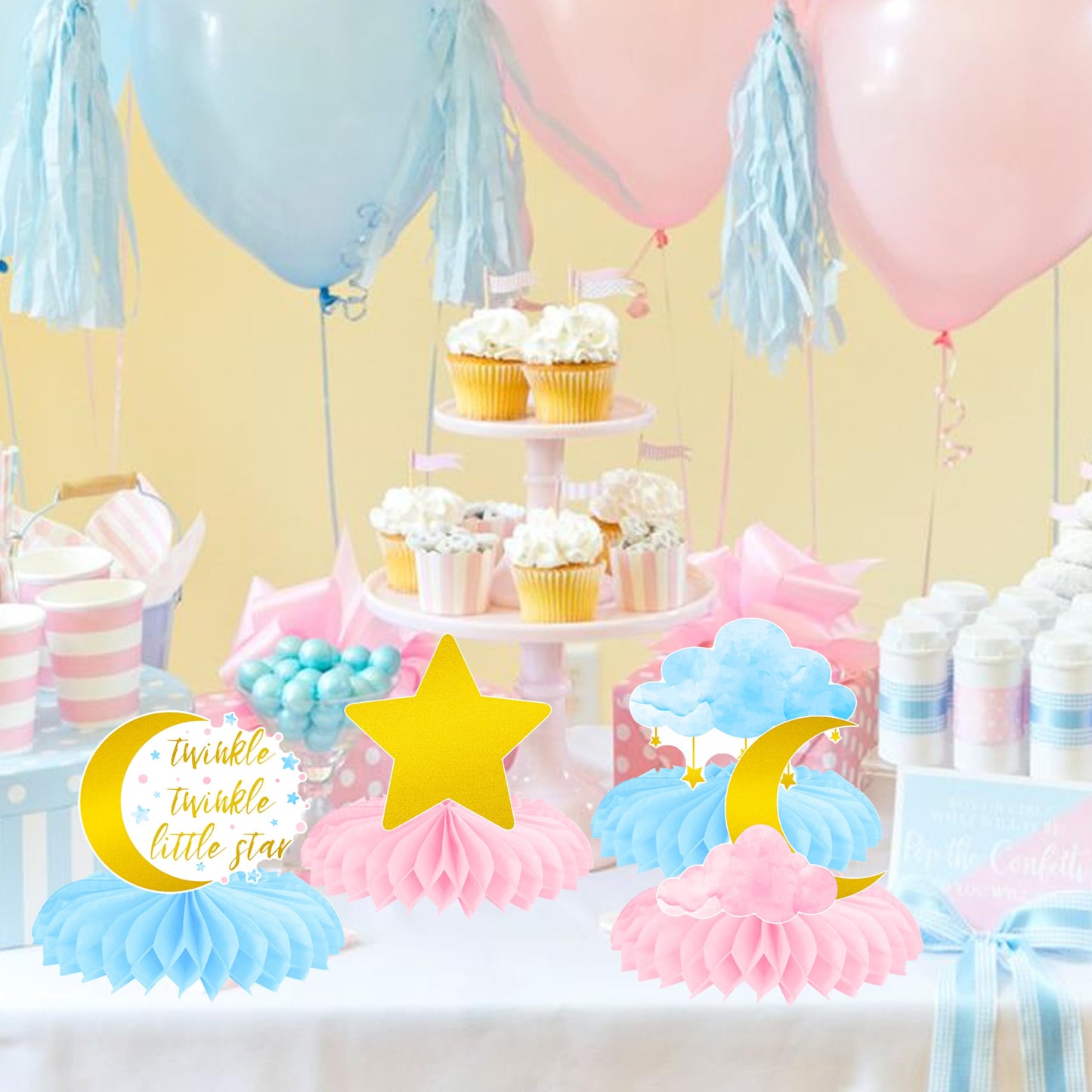 Twinkle Twinkle Little Star Gender Reveal Party Supplies Little Star Baby Shower Honeycomb Centerpieces 12PCS Pink and Blue Table Decorations Moon Cloud Centerpieces for Girls or Boys Birthday Decor