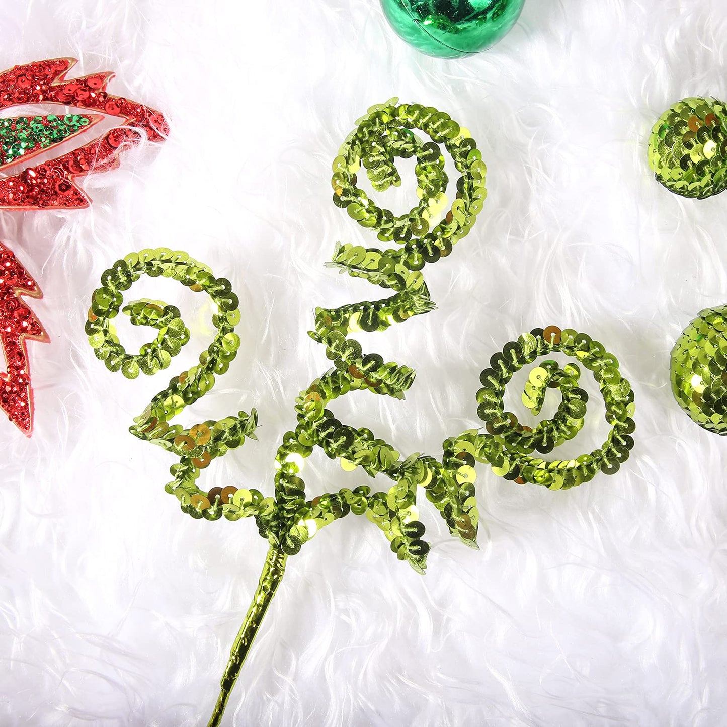 ZHANYIGY 6PC Set Green Christmas Decoration Picks,Sequins Candy Shape Curly Pick, Christmas Tree Decorations Home Office Party Decorations Gifts